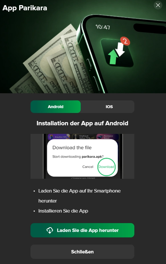 Startseite von Parikara mit Bereichen für iOS- und Android-Anwendungen