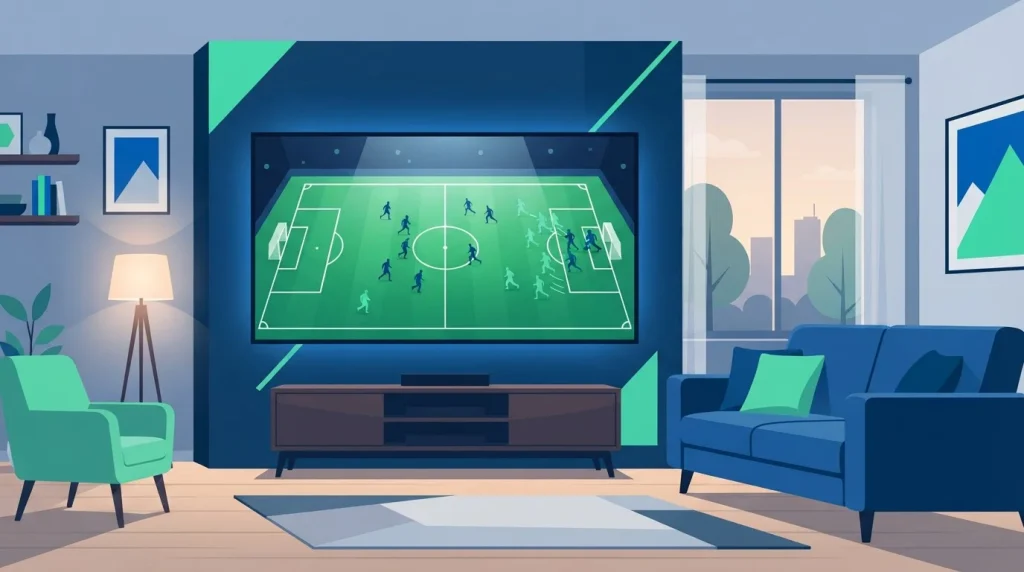 Fernseher mit beleuchtetem Spielfeld neben einem Sofa