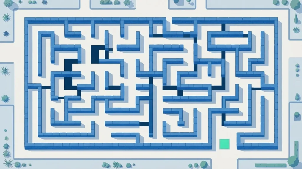 Geometrisches Labyrinth mit farbigem Ausgang zwischen niedrigen Mauern
