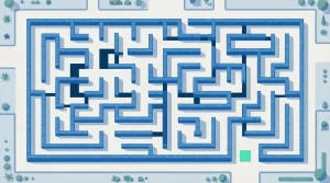 Geometrisches Labyrinth mit farbigem Ausgang zwischen niedrigen Mauern